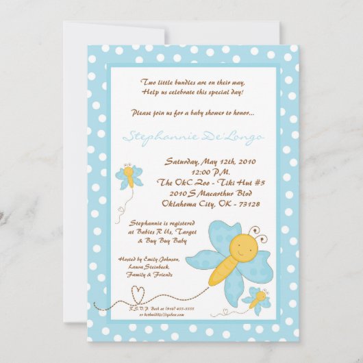5x7 TWINS Blue Butterfly Baby shower Invitation Kaart (Voorkant)