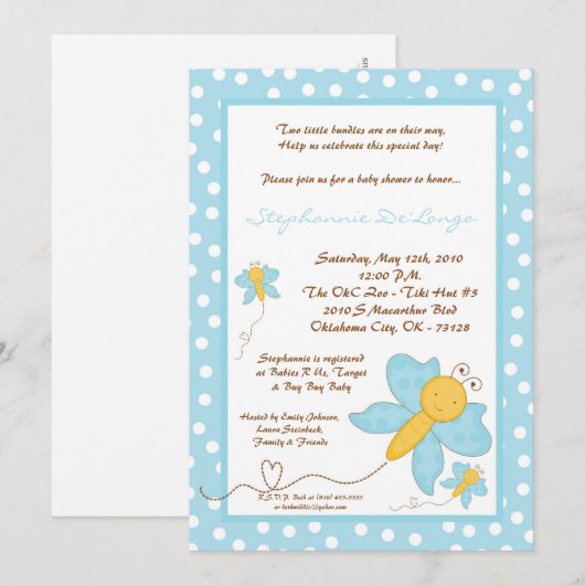 5x7 TWINS Blue Butterfly Baby shower Invitation Kaart (Voorkant / Achterkant)
