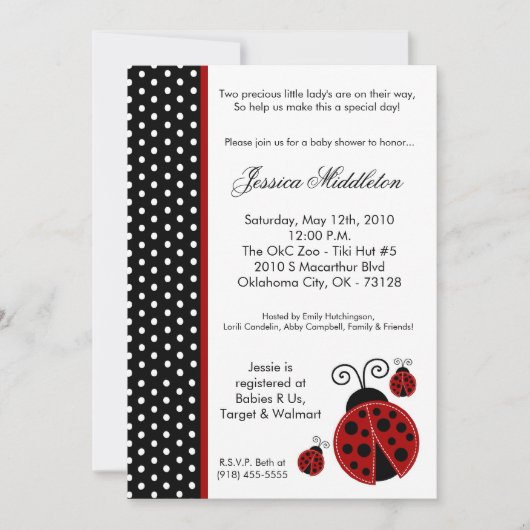 5x7 TWINS Lady Bug PolkaDot Baby shower Uitnodigin Kaart (Voorkant)