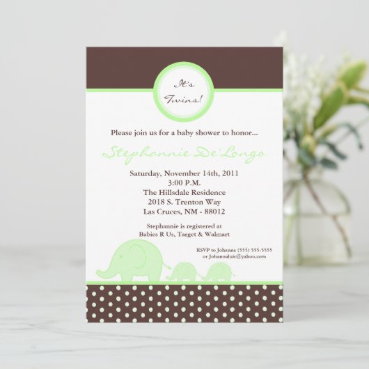 5x7 TWINS Mod Gree Elephant Baby shower Invitation Kaart (Staand voorkant)