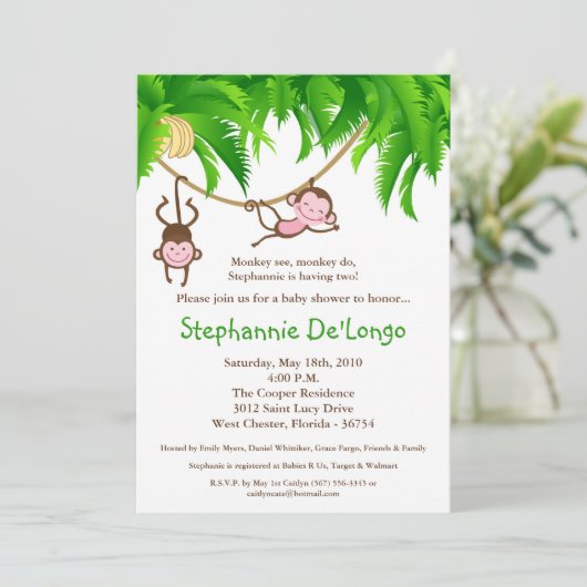 5x7 TWINS Monkey Oerwoud Baby shower Uitnodiging (Staand voorkant)
