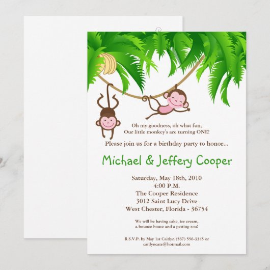 5x7 TWINS Monkey Oerwoud Birthday Party Invitation Kaart (Voorkant / Achterkant)