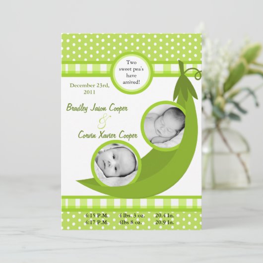 5x7 Twins Pea in a Pod PHOTO Birth Anneli Aankondiging (Staand voorkant)