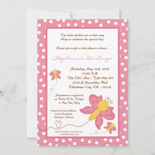 5x7 TWINS Pink Butterfly Baby shower Invitation Kaart (Voorkant)