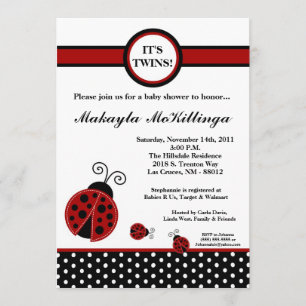 5x7 TWINS Red Lady Bug Baby shower Uitnodiging