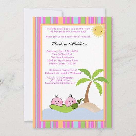 5x7 TWINS Sweetpee in Pod Baby shower Invitation Kaart (Voorkant)