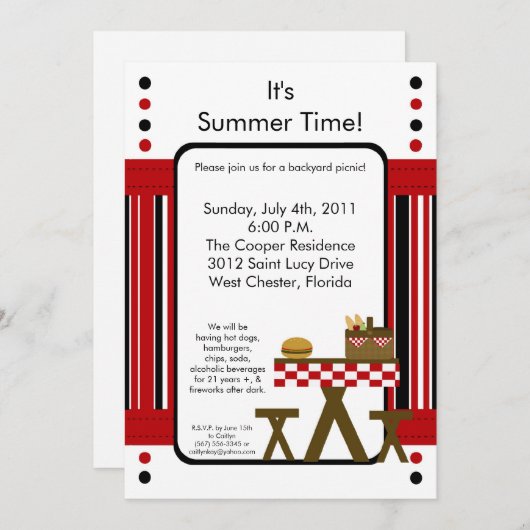 5x7 Uitnodiging Picnic Summer Barbecue Party (Voorkant / Achterkant)