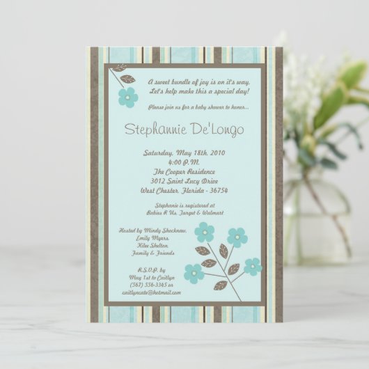 5x7 Uitnodiging voor blauw Baby shower voor lente- (Staand voorkant)