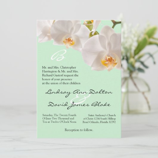 5x7 Uitnodiging voor bruiloft Groen en Orchideeën (Staand voorkant)