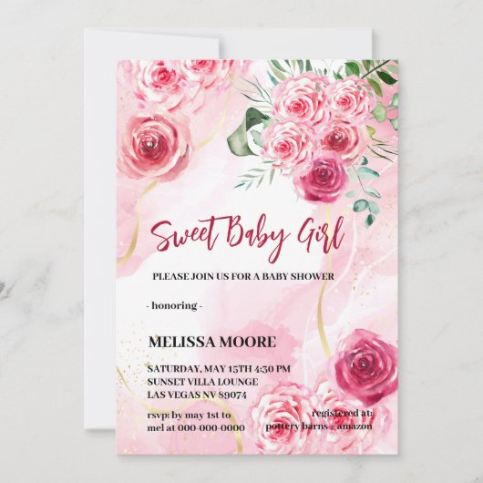 5x7 Uitnodiging Waterverf Magenta Roze Roze Roze (Voorkant)