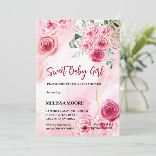 5x7 Uitnodiging Waterverf Magenta Roze Roze Roze (Staand voorkant)