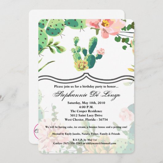 5x7 Verjaardag Uitnodiging Boheemse Cactus Succule (Voorkant / Achterkant)