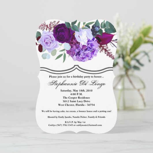 5x7 Verjaardag Uitnodiging Lavendel Hibiscus op Wh (Staand voorkant)