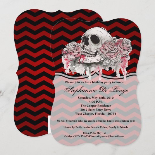 5x7 Verjaardag Uitnodiging schedel Roos gothic Che (Voorkant / Achterkant)