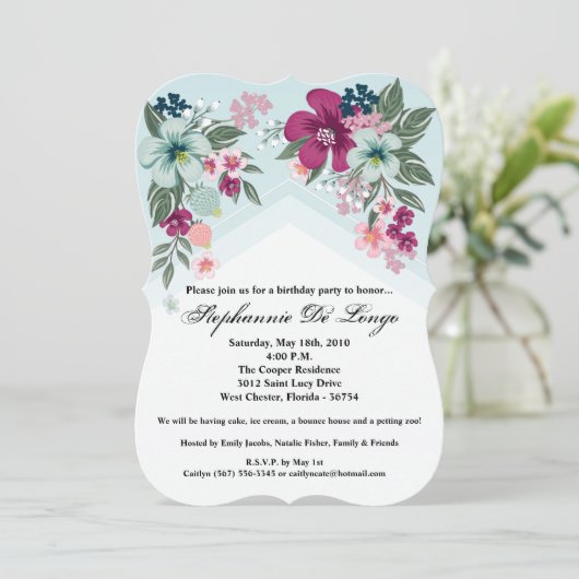 5x7 Verjaardag Uitnodiging Tropische Bloem op Blau (Staand voorkant)