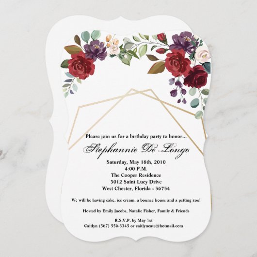 5x7 Verjaardag Uitnodiging Wit Rozen Goud Geometri (Voorkant / Achterkant)