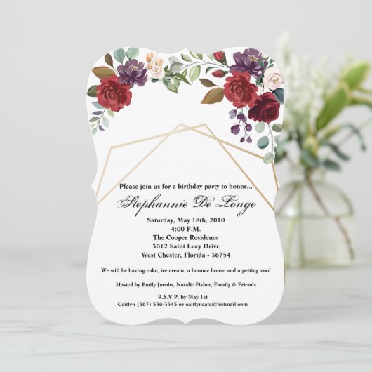 5x7 Verjaardag Uitnodiging Wit Rozen Goud Geometri (Staand voorkant)