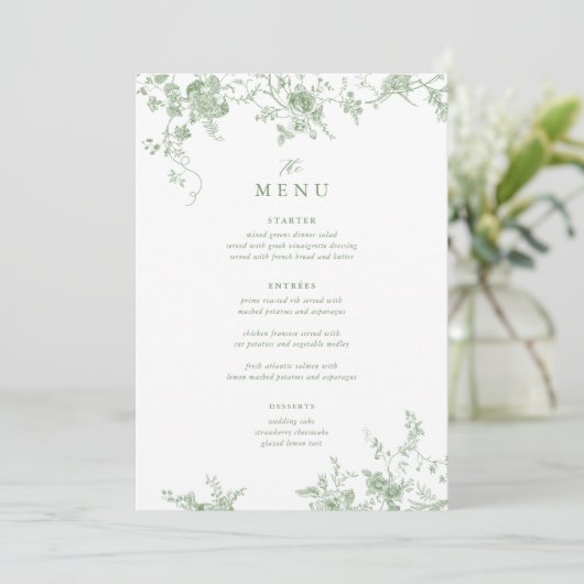 5x7" Victoriaans Groene Bloemen Trouwtafel Menu (Staand voorkant)