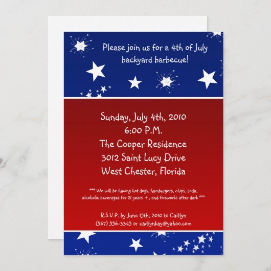 5x7 Vierde 4e juli Partij barbecue Uitnodiging (Voorkant / Achterkant)