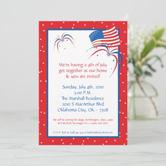5x7 Vierde 4e juli Partij barbecue Uitnodiging (Staand voorkant)