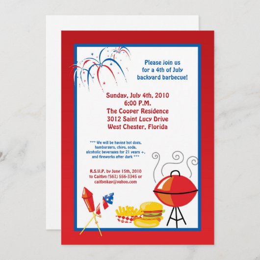 5x7 Vierde 4e juli Partij barbecue Uitnodiging (Voorkant / Achterkant)