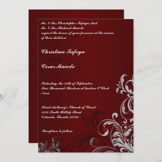 5x7 Weddenschap Donkere maroon Gray Swirls Kaart (Voorkant / Achterkant)