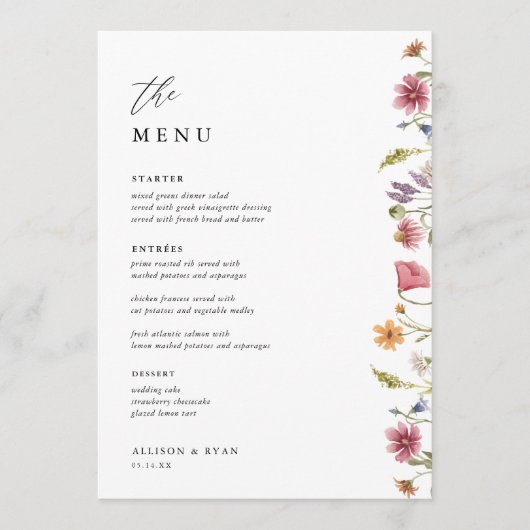 5x7" Wilde Bloem Bruiloft Tafel Menu Kaarten Plat (Voorkant)
