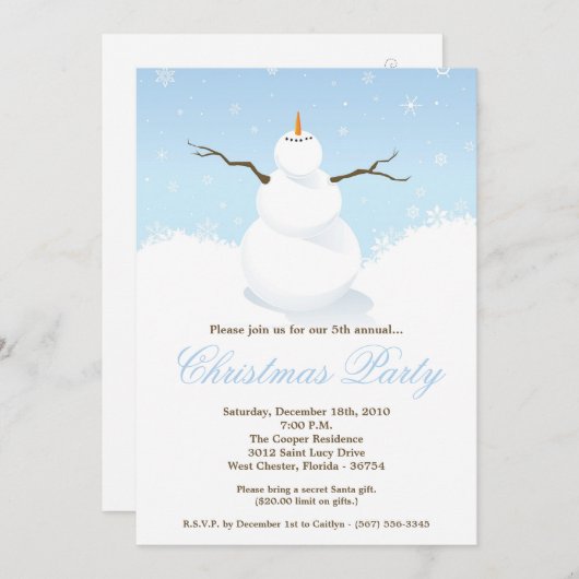 5x7 Winter Snow Snowman-kerstuitnodiging Kaart (Voorkant / Achterkant)