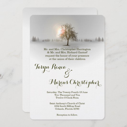 5x7 Winter Sunset Tree Snow Weddenschap Kaart (Voorkant / Achterkant)