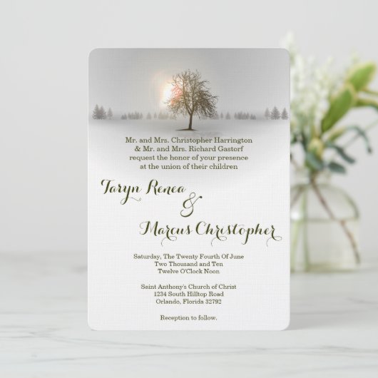 5x7 Winter Sunset Tree Snow Weddenschap Kaart (Staand voorkant)