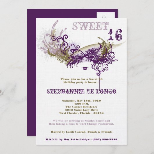 5x7 Witte Masquerade Sweet 16 Verjaardag Uitnodigi Kaart (Voorkant / Achterkant)
