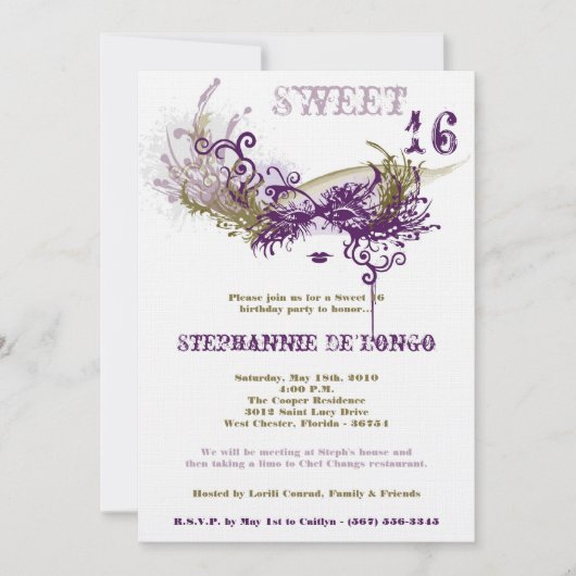5x7 Witte Masquerade Sweet 16 Verjaardag Uitnodigi Kaart (Voorkant)