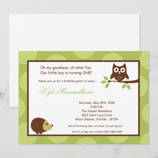 5x7 Woodland Forest Owl Birthday Party Invitation Kaart (Voorkant / Achterkant)