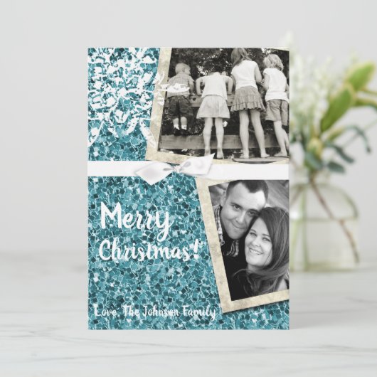 5x7 XMAS Kerst Blauw Glitter Snowfl Foto Kaart (Staand voorkant)