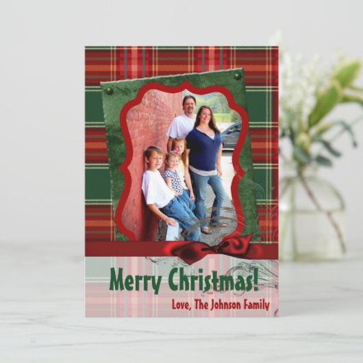 5x7 XMAS Kerst Plaid Rood Stof FOTO Kaart (Staand voorkant)