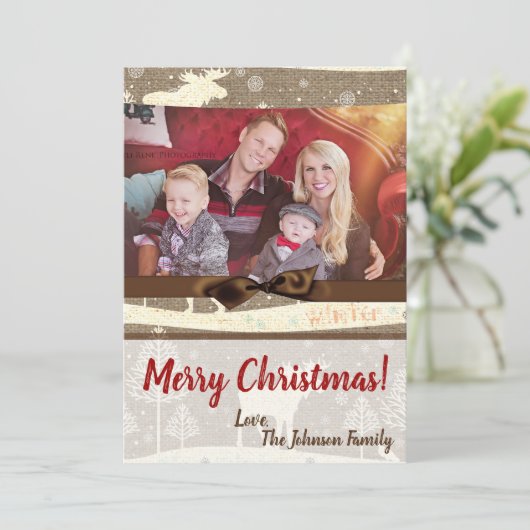 5x7 XMAS-kerstBurlap Deer Doe Buck PHOTO-kaart Feestdagenkaart (Staand voorkant)