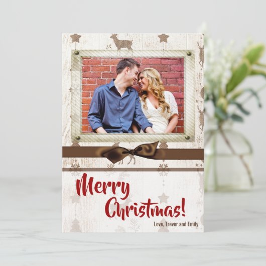 5x7 XMAS-kerstBurlap Deer Doe Buck PHOTO-kaart Feestdagenkaart (Staand voorkant)