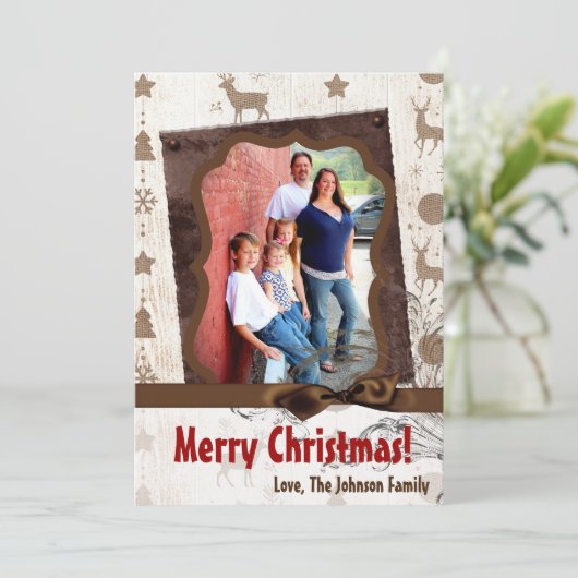 5x7 XMAS-kerstBurlap Deer Doe Buck PHOTO-kaart Feestdagenkaart (Staand voorkant)