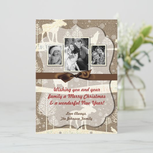 5x7 XMAS-kerstBurlap Deer Doe Buck PHOTO-kaart Feestdagenkaart (Staand voorkant)