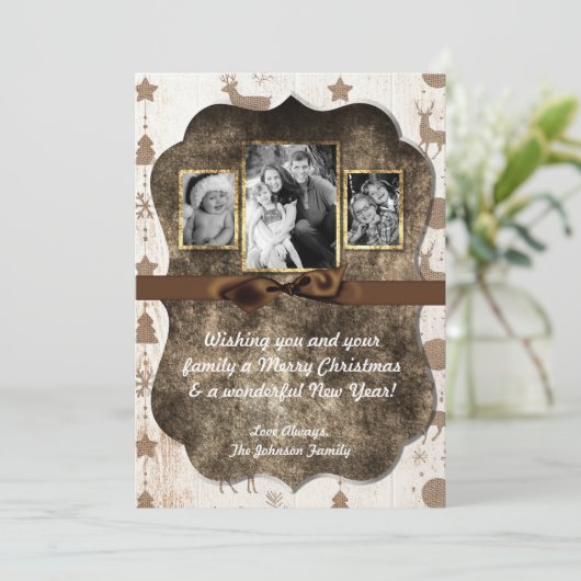 5x7 XMAS-kerstBurlap Deer Doe Buck PHOTO-kaart Feestdagenkaart (Staand voorkant)