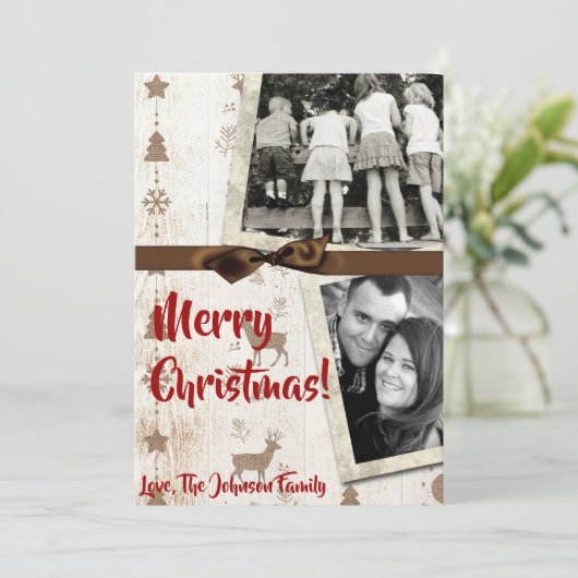 5x7 XMAS-kerstBurlap Deer Doe Buck PHOTO-kaart Feestdagenkaart (Staand voorkant)