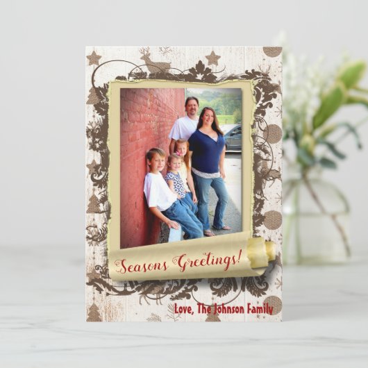 5x7 XMAS-kerstBurlap Deer Doe Buck PHOTO-kaart Feestdagenkaart (Staand voorkant)