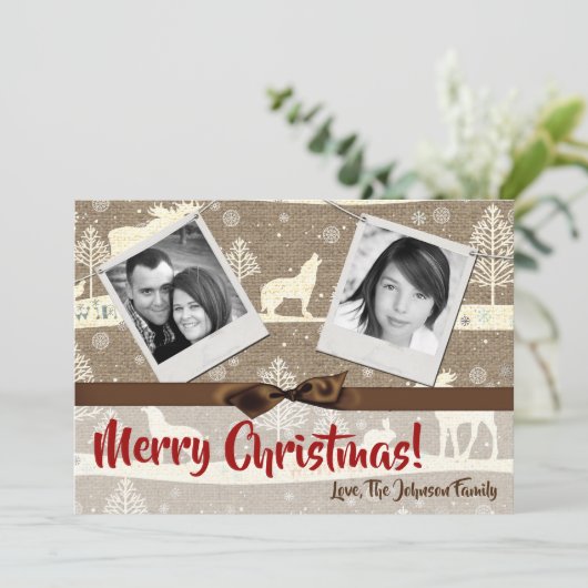 5x7 XMAS-kerstBurlap Deer Doe Buck PHOTO-kaart Feestdagenkaart (Staand voorkant)