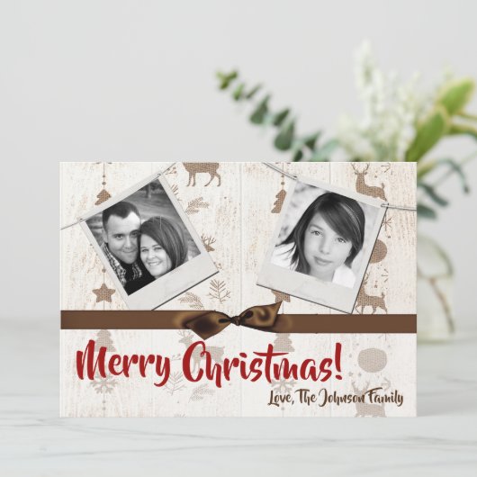 5x7 XMAS-kerstBurlap Deer Doe Buck PHOTO-kaart Feestdagenkaart (Staand voorkant)