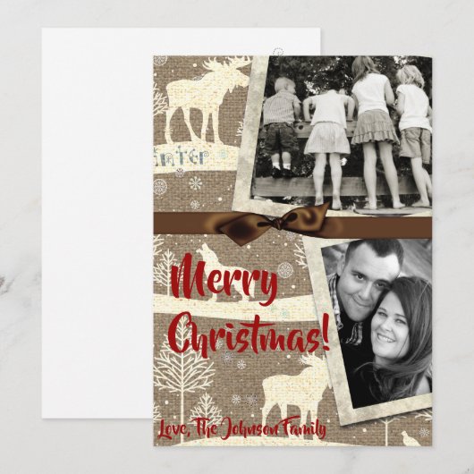 5x7 XMAS-kerstBurlap Deer Doe Buck PHOTO-kaart Feestdagenkaart (Voorkant / Achterkant)