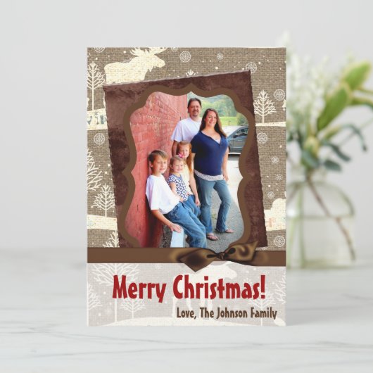 5x7 XMAS-kerstBurlap Deer Doe Buck PHOTO-kaart Feestdagenkaart (Staand voorkant)