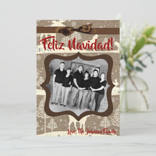 5x7 XMAS-kerstBurlap Deer Doe Buck PHOTO-kaart Feestdagenkaart (Staand voorkant)