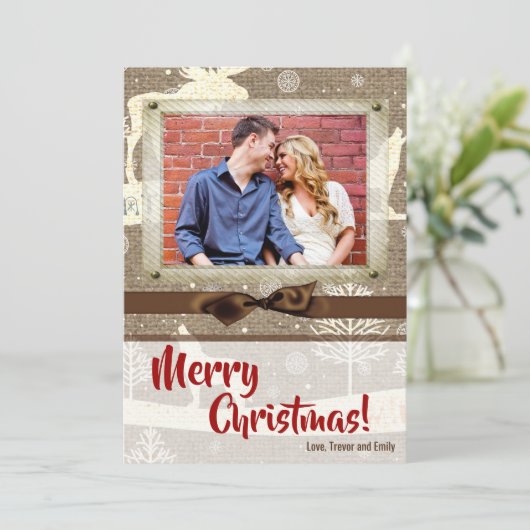 5x7 XMAS-kerstBurlap Deer Doe Buck PHOTO-kaart Feestdagenkaart (Staand voorkant)