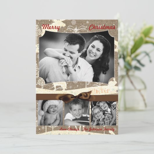 5x7 XMAS-kerstBurlap Deer Doe Buck PHOTO-kaart Feestdagenkaart (Staand voorkant)