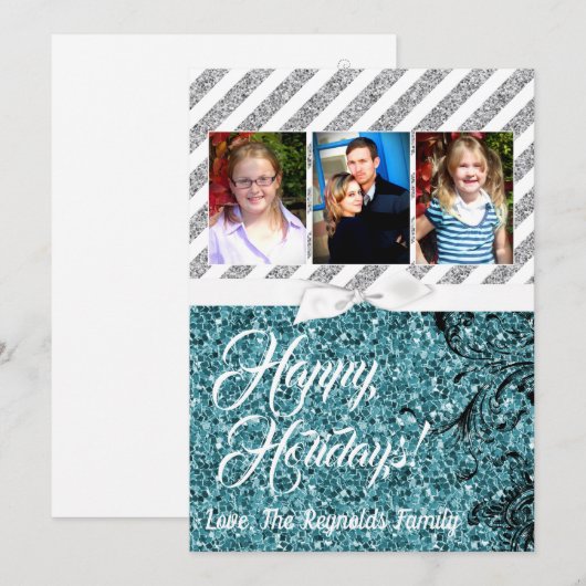 5x7 XMAS Kerstmis Blauw Glitter Sneeuwbal FOTO-kaa Feestdagenkaart (Voorkant / Achterkant)